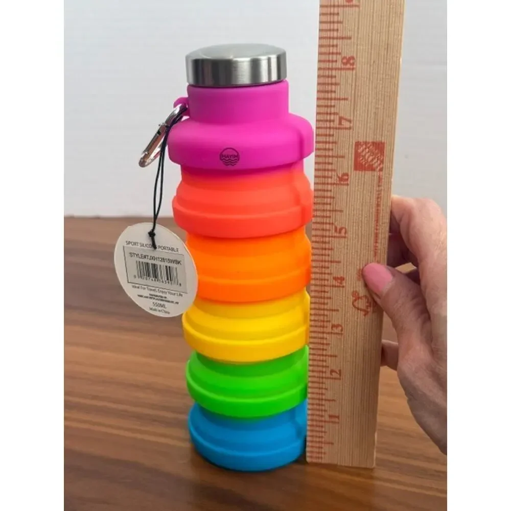 Mayim Collapsible Caribiner 17oz Silicone Water Bottle Rainbow Pink Collectible